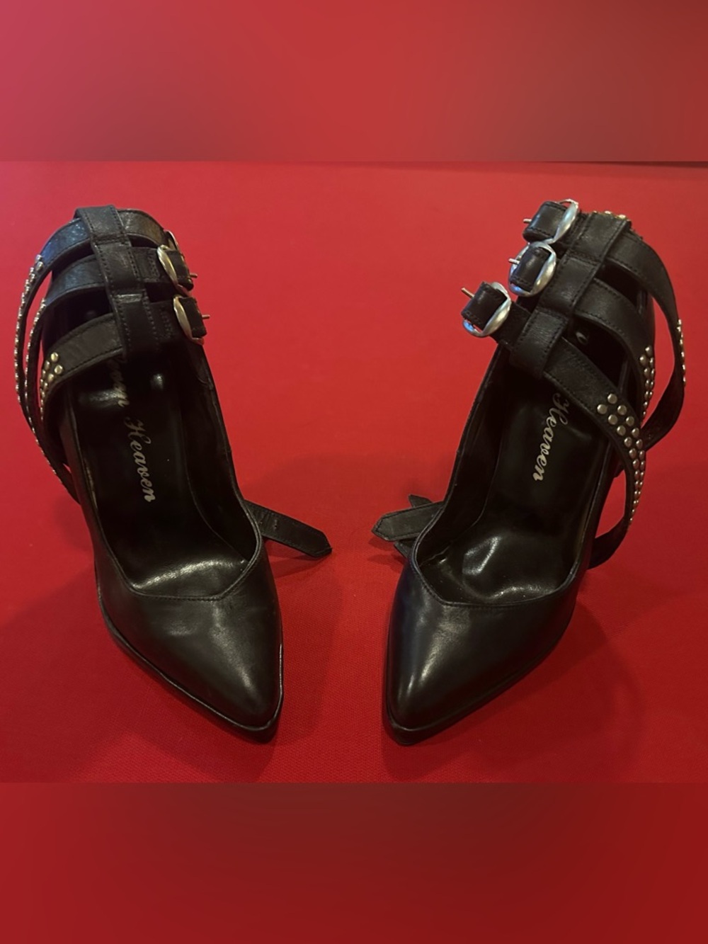 Ultra sexy black leather punk rock stilettos.